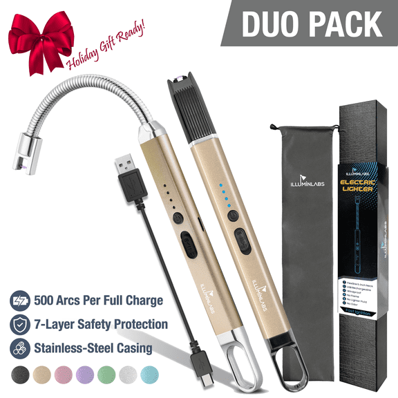 2Pack Electric Lighter – USB Rechargeable Candle lighter, Windproof Flameless Plasma Arc Lighter for BBQ Grill, Camping, Stove, 7.5” Long Stick Lighter,Gold