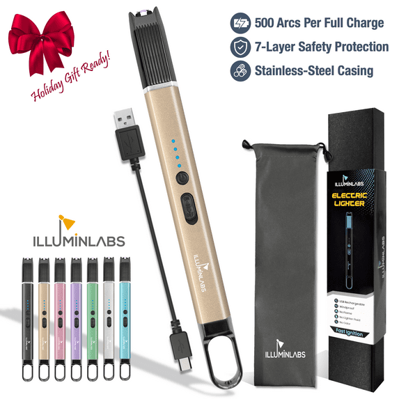 Electric Lighter - USB Rechargeable Candle lighter, Windproof Flameless Plasma Arc Lighter for BBQ Grill, Camping, Stove, 7.5" Long Stick Lighter,Gold