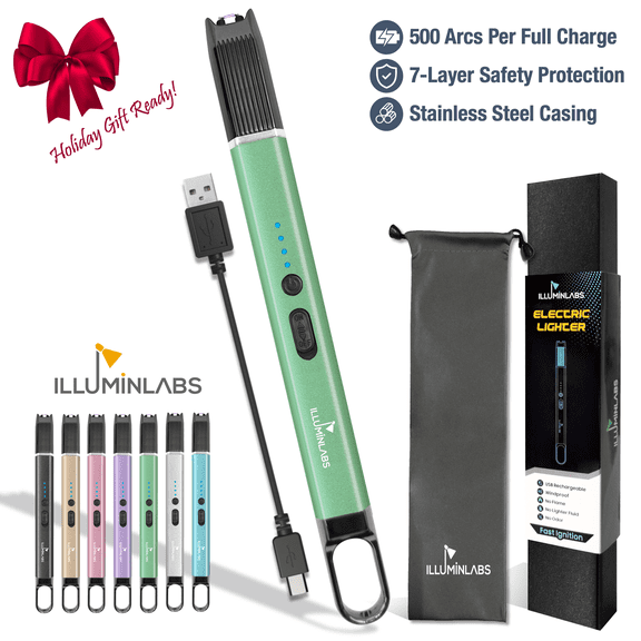 Electric Lighter - USB Rechargeable Candle lighter, Windproof Flameless Plasma Arc Lighter for BBQ Grill, Camping, Stove, 7.5" Long Stick Lighter,Green