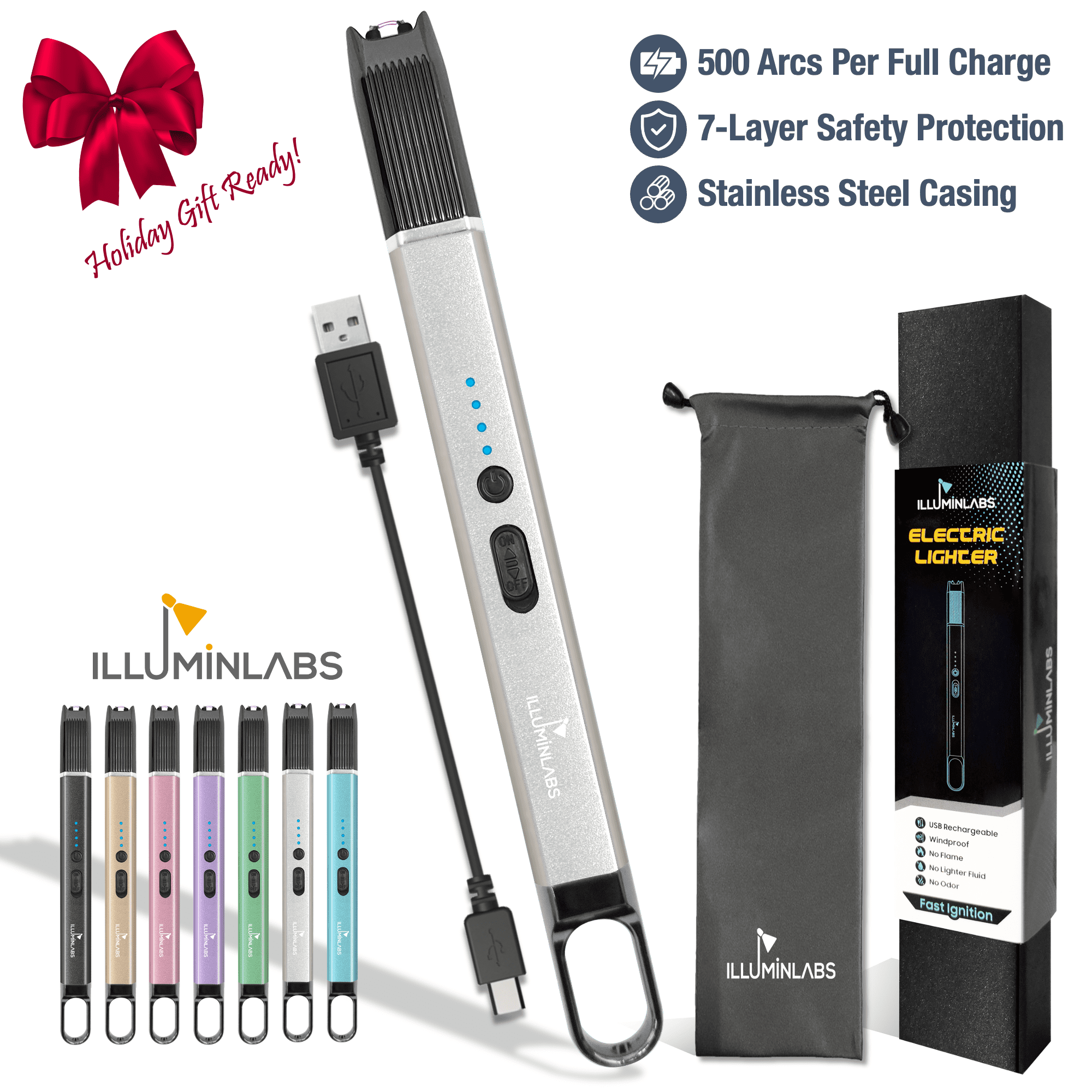 Electric Lighter - USB Rechargeable Candle lighter, Windproof Flameless Plasma Arc Lighter for BBQ Grill, Camping, Stove, 7.5" Long Stick Lighter,Silver