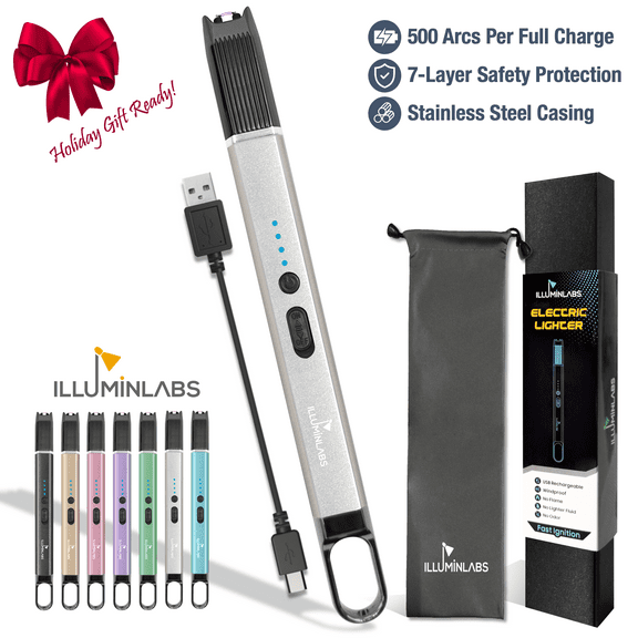 Electric Lighter - USB Rechargeable Candle lighter, Windproof Flameless Plasma Arc Lighter for BBQ Grill, Camping, Stove, 7.5" Long Stick Lighter,Silver