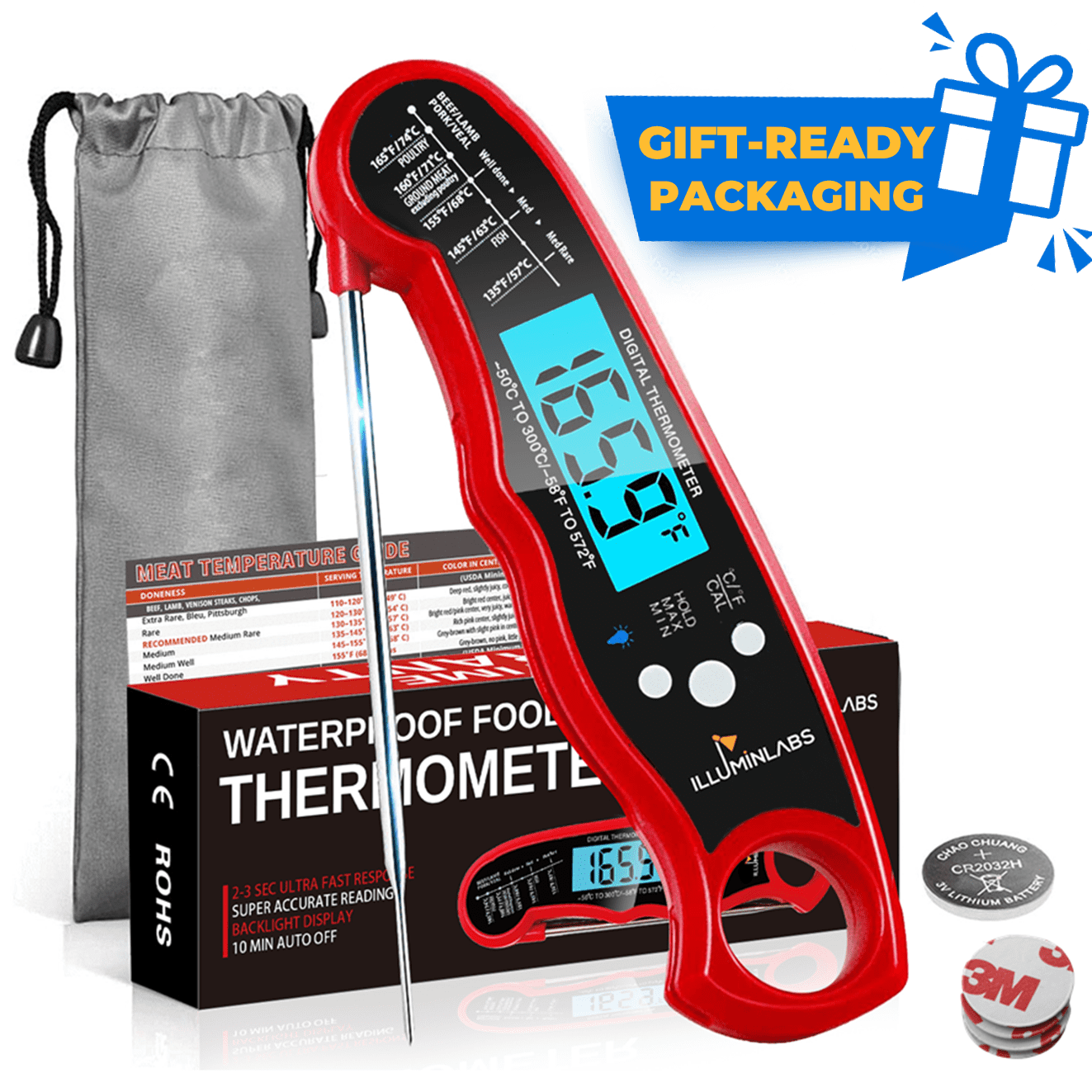 Digital Instant Read Meat Thermometer, Thermometer Cooking, Kitchen Food Thermometer with 4.6 Long Probes, 2.5” Waterproof Digital Grill