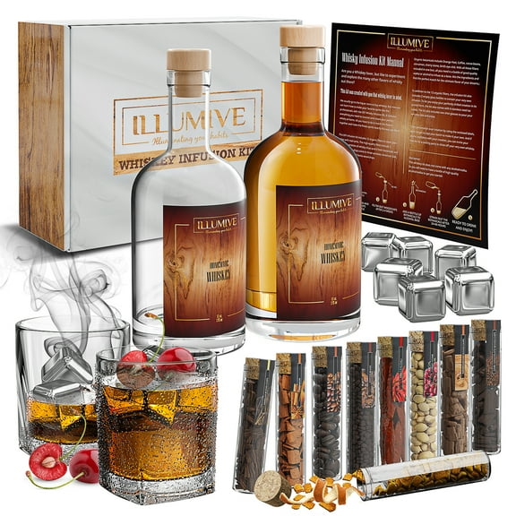Illumive Deluxe Whiskey Infusion Kit Glasses, Stones, Wood Chips & Botanicals