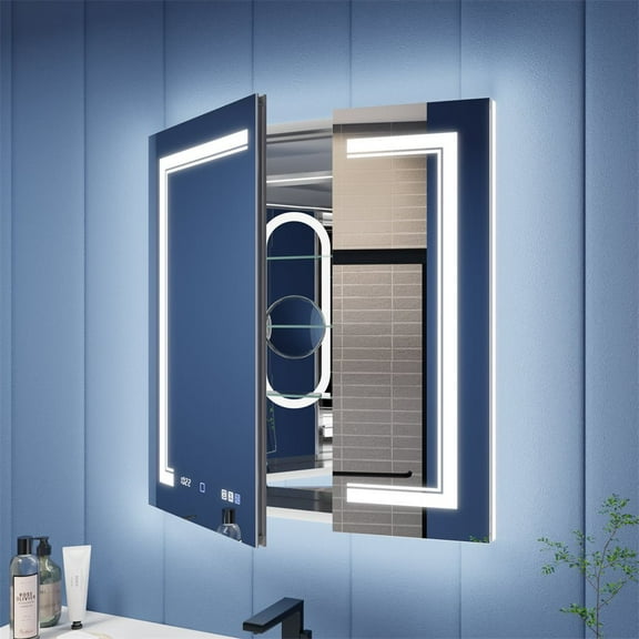 Illusion-B 30" x 32" LED Lighted Inset Mirrored Medicine Cabinet with Magnifiers Front and Back Light