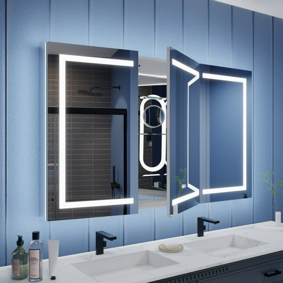 Illusion-B 60" x 36" LED Lighted Inset Mirrored Medicine Cabinet with Magnifiers Front and Back Light