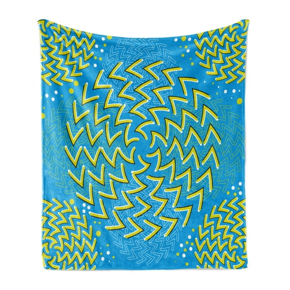 Illusion Soft Flannel Fleece Throw Blanket, Optical Moving Spinning Rotating Illusionary Lines in Circular Forms, Cozy Plush for Indoor and Outdoor Use, 50" x 60", Yellow Green Sky Blue, by Ambesonne