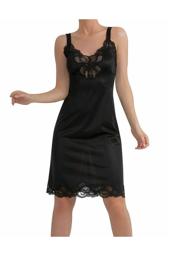 Women's Nylon Full Slip With Lace Trim Adjustable Straps Plus Size 1112 (Black, 50)