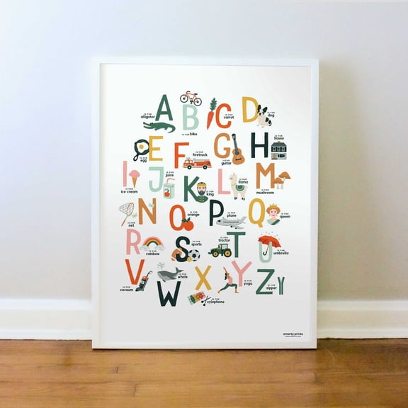 Illustrated Childrens Alphabet Print, ABC Poster, Unframed Paper Poster 8x10in