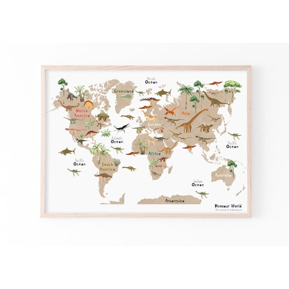 Illustrated Dinosaur World Map, Playroom World Map Print, Unframed Paper Poster 8x10in