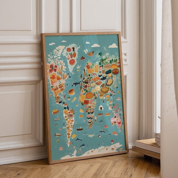 Illustrated Food World Map Whimsical Kitchen Travel, Unframed Poster