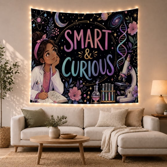 Illustrated Girl Hair With Tied Ribbon Wearing Round, Mystical Fantasy for Space Lovers, Galaxy Room Decor, Mother's Day Gift, Tapestry Wall Hanging for Bedroom and Dorm