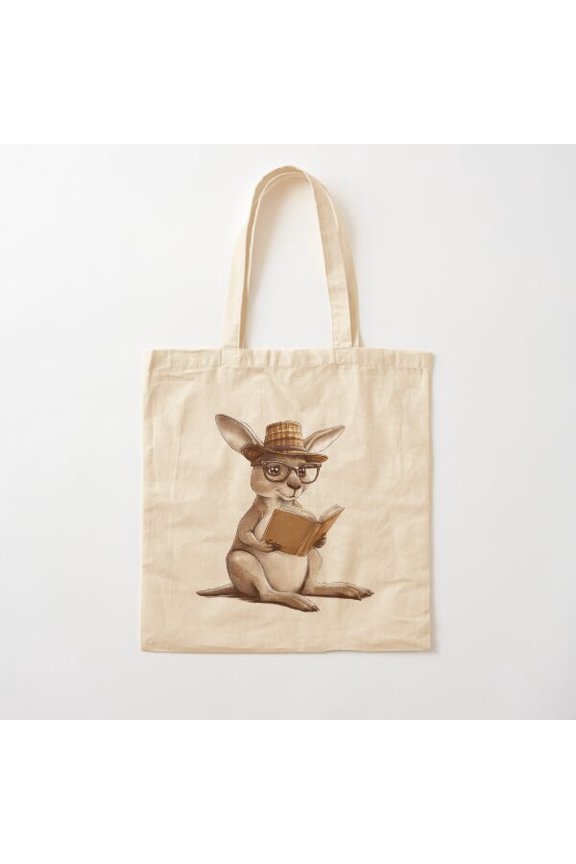 Illustrated Kangaroo Reading A Book Canvas Tote Bags, Reusable Shopping Bag