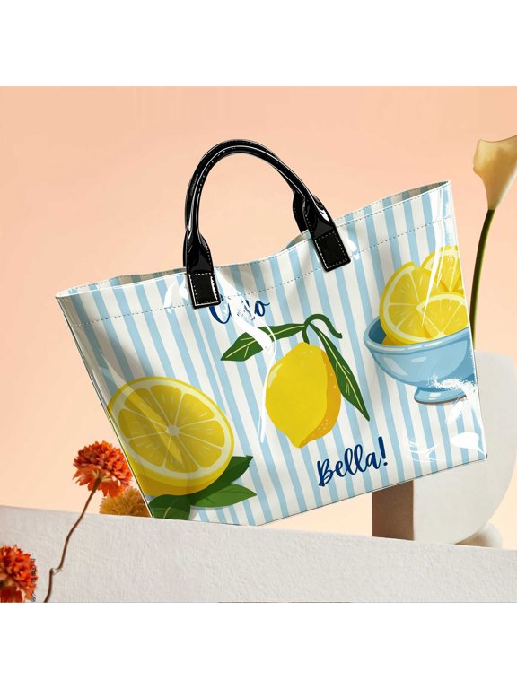 Illustrated Lemon Print Tote Bag,17x12 inch,Polyester,Shopping & Summer Markets Carryall