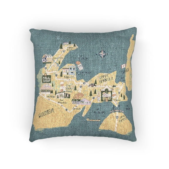 Illustrated Michigan and Great Lakes Map Blue, Yellow and Green Decorative Woven Pillow, Cotton-Polyester Shell, 17 x 18 in