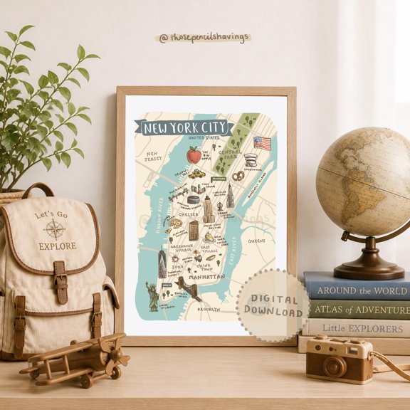 Illustrated New York City Map Art Print: NYC Landmarks , Poster Print Only