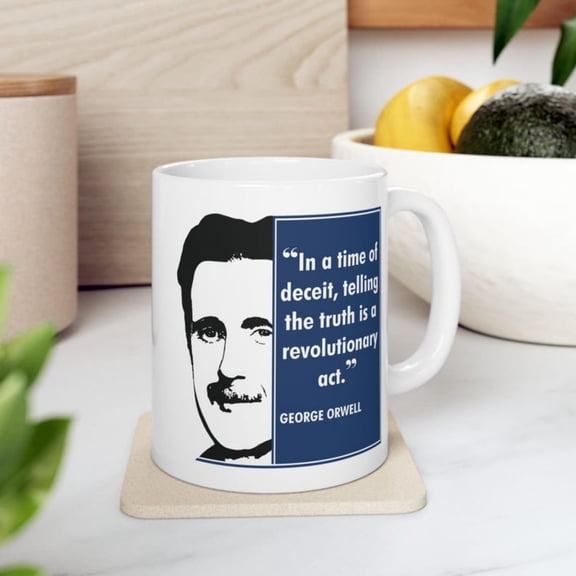 Illustrated Quote Mug, Blue Text Panel Coffee Cup with Inspirational Truth Saying.