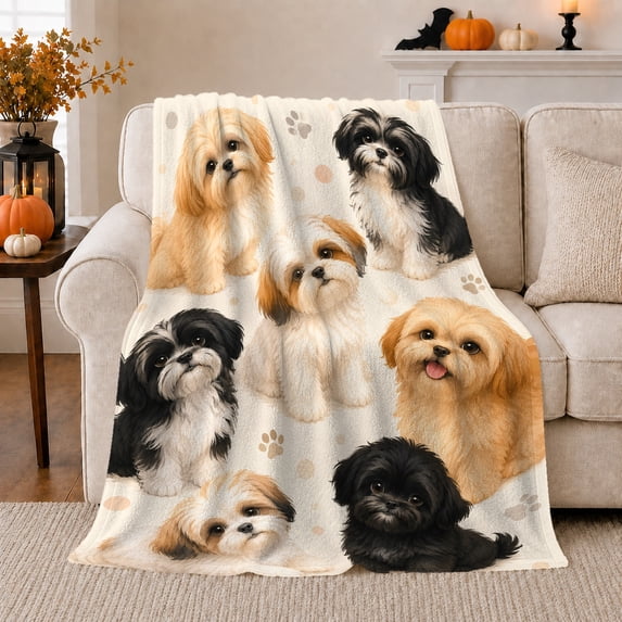 Illustrated Shih Tzu Dogs Collage Paw Prints, Cozy Pet Portrait Pattern, Warm Flannel Blanket for Living Room and Bedroom, Dog Lovers Just Because Gift, Pet Lover Home Decor