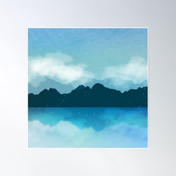 Illustrated Sky Blue Lake And Mountain And Moonlight Poster Wall Art, Modern Wall Decor, 16x16 UNFRAMED