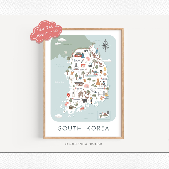 Illustrated South Korea Travel Map Poster, Korean Wall Art, 16x24 Poster Print