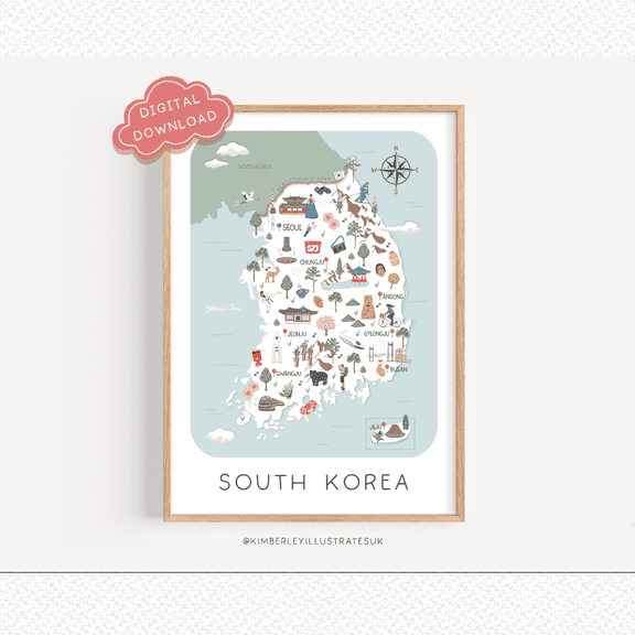 Illustrated South Korea Travel Map Poster, Korean Wall Art, 8x12 Poster Print