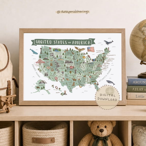 Illustrated USA Map Print , Travel Landmarks, Animals , Poster Print Only