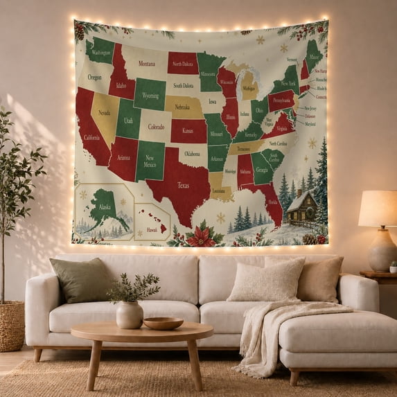 Illustrated United Festive with Forest Each State Clearly, Mystical Fantasy for Space Lovers, Galaxy Room Decor, Christmas Gift, Tapestry Wall Hanging for Bedroom and Dorm