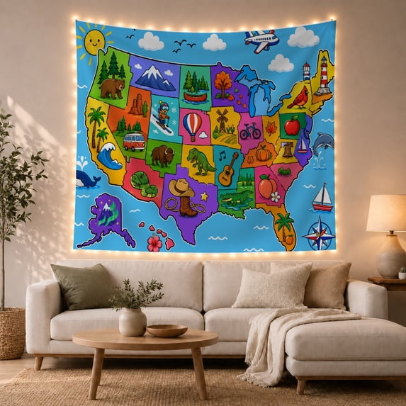 Illustrated United States Map Tapestry Wall Hanging