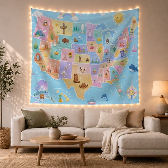 Illustrated United States Map Tapestry Wall Hanging