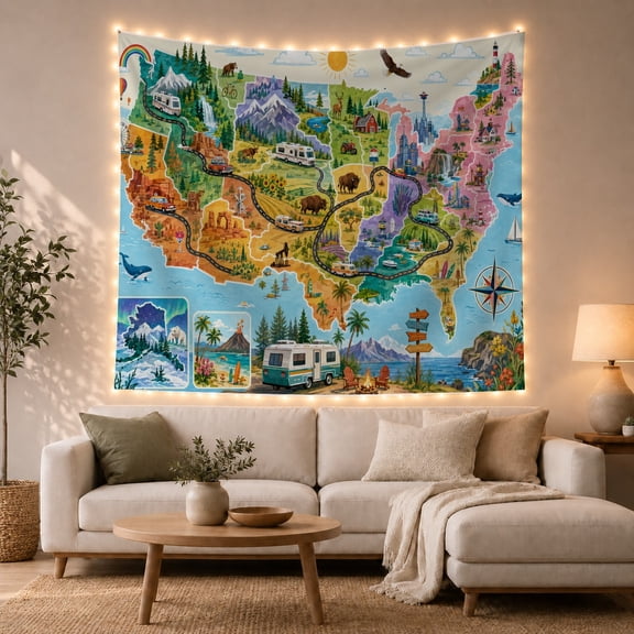 Illustrated United States Map Tapestry Wall Hanging
