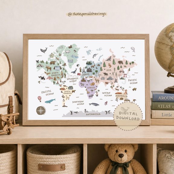 Illustrated World Map Print: Educational Nursery Art , Poster Print Only