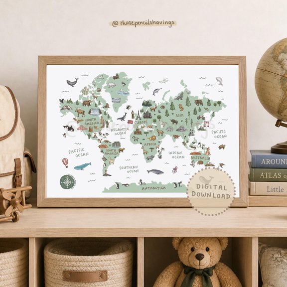 Illustrated World Map Print: Educational Nursery Decor , Living Room Wall Art , Poster Print Only