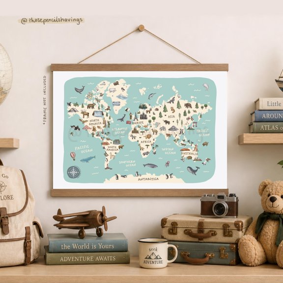 Illustrated World Map Print: Whimsical Animals & Landmarks, Modern Wall Decor , Poster Print Only