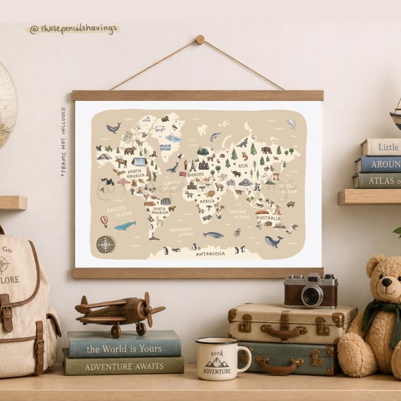 Illustrated World Map Print: Whimsical Animals & Landmarks , Poster Print Only