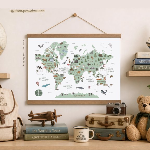 Illustrated World Map Print: Whimsical Landmarks & Animals , Poster Print Only