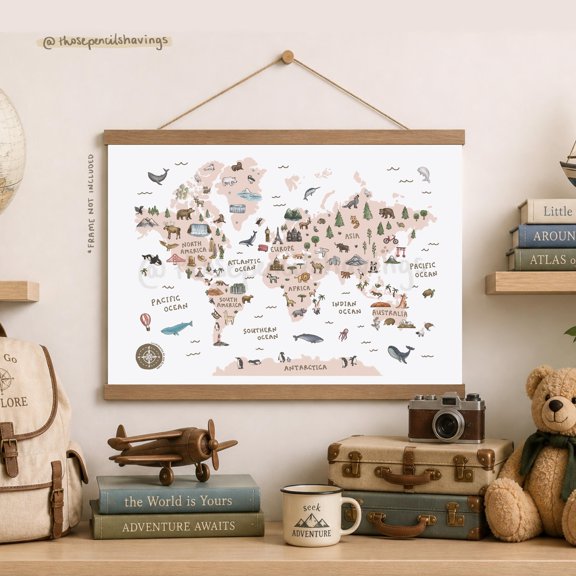 Illustrated World Map Print: Whimsical Landmarks & Animals, Vintage Style Poster , Poster Print Only