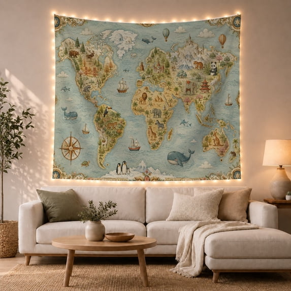 Illustrated World Map with Whales, Adventurous Vintage Style for Map Lovers, Antique Map Decor, Housewarming Gift, Tapestry Wall Hanging for Study Room and Office