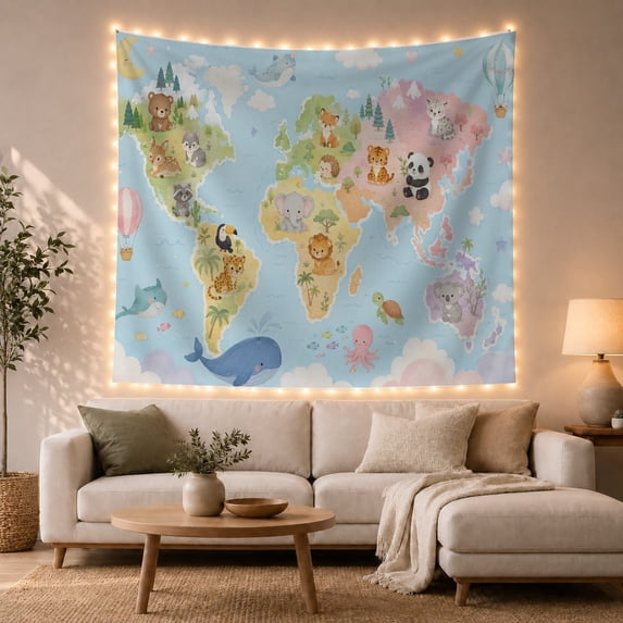 Illustrated World Soft with Scattered Upper Portion, Adventurous Vintage for Nautical Decor Lovers, Wall Decor, Housewarming Gift, Tapestry Wall Hanging for Dorm and Living Room