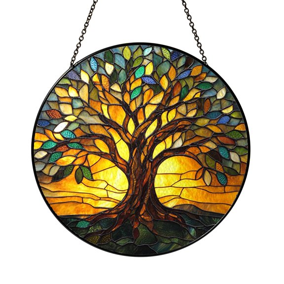 Illustrated World Tree Style Glass Suncatcher Window Decor, Stained Glass Style Hanging Art