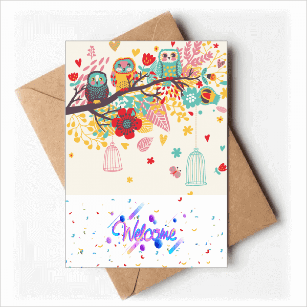 Illustration Animals Branches Flowers Owls Welcome Back Greeting Cards Envelopes Blank