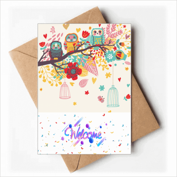 Illustration Animals Branches Flowers Owls Welcome Back Greeting Cards Envelopes Blank