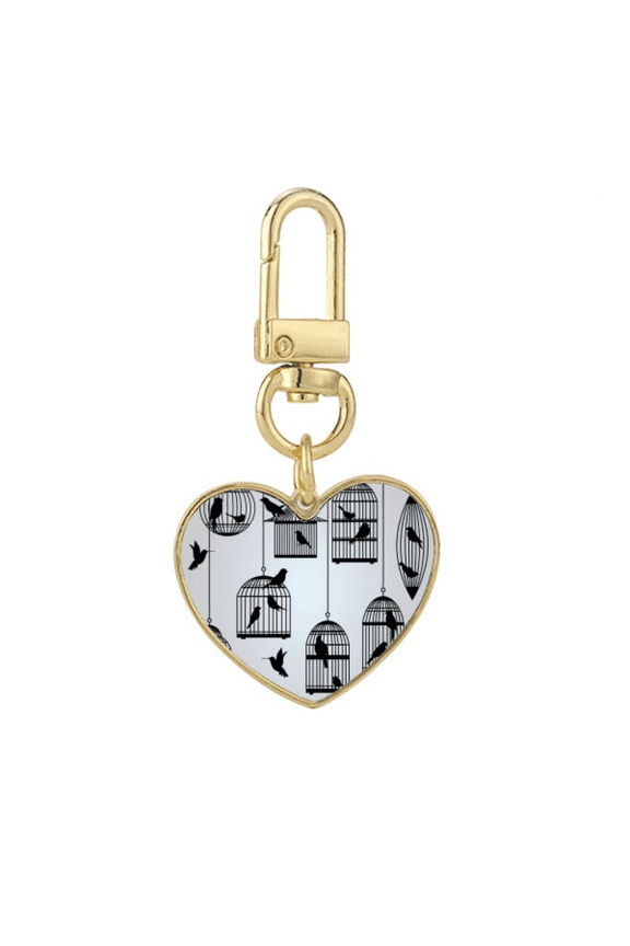 Illustration Birds Cage Outline Gold Heart Keychain Metal Keyring Holder
