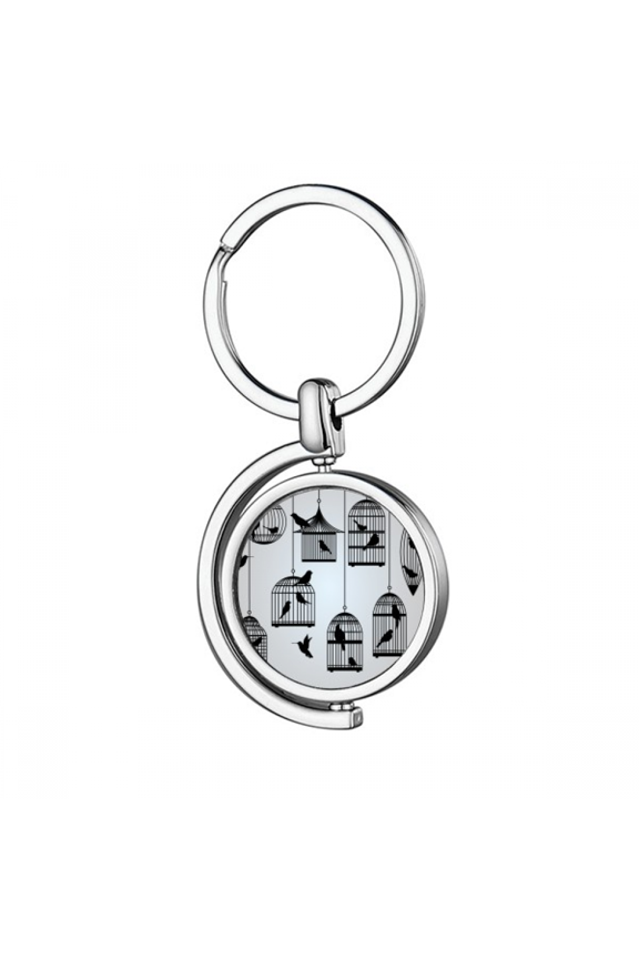 Illustration Birds Cage Outline Rotating Keychain Metal Keyring Holder
