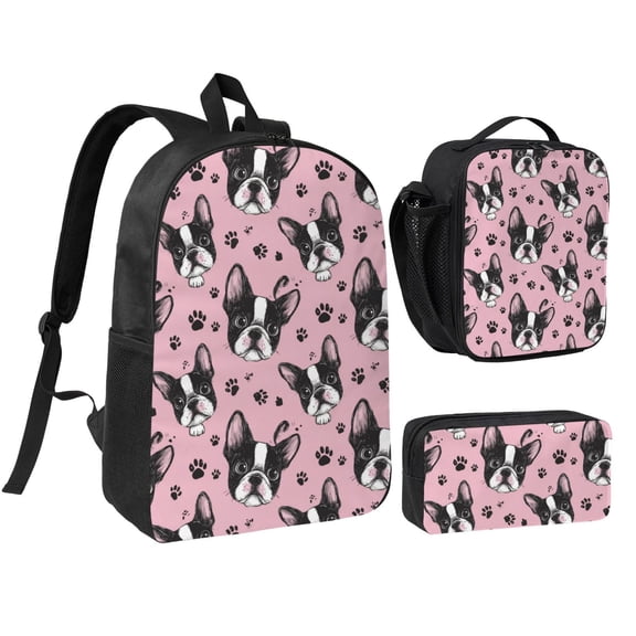 Illustration of Bostons and paws Backpack Set,3PCS Backpack Set with Insulated Lunch Bag and Pencil Pouch,Travel Backpack,Large Capacity Daypack,Utility Organizer Set for Daily Use Travel