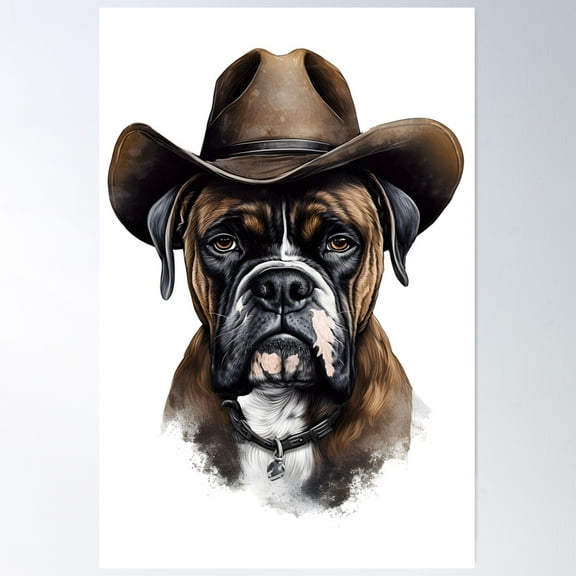 Illustration Of A Boxer Dog With Serious Facial Expression Wearing A Cowboy Hat Poster Wall Art, Modern Wall Decor For Living Room Bedroom, 12x18 UNFRAMED