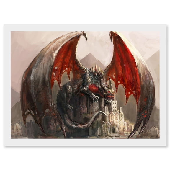 Illustration Fantasy Dragon Castle Wings Artwork Framed Wall Art Print A4