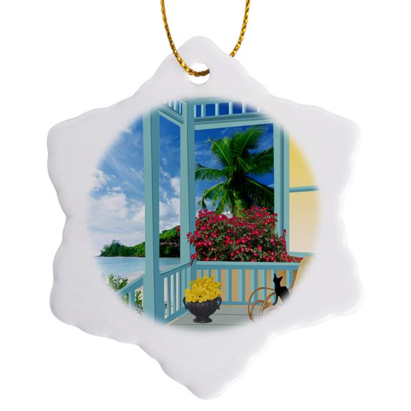 3drose, Illustration House with Sea View, 3 inch Snowflake Porcelain Ornament