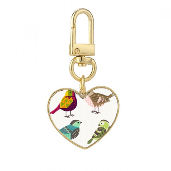 Illustration Lovely Birds Color Pattern Gold Heart Keychain Metal Keyring Holder
