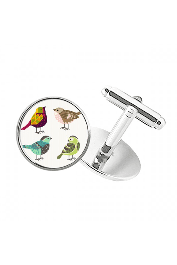 Illustration Lovely Birds Color Pattern Round Button Cuff Clip Stud Cufflinks