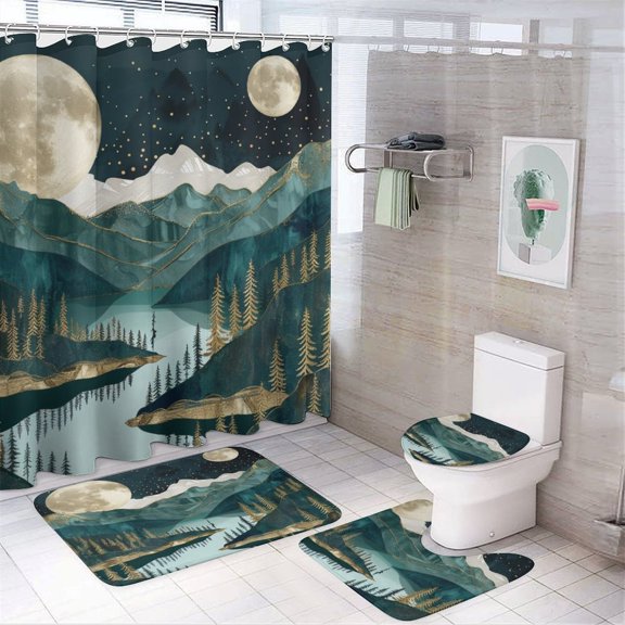 Illustration of Mountains, Trees And Lake in The Moonlight Shower Curtain 4 Piece Set Bathroom Sets with Shower Curtain And Rugs 4 Piece Boho Mountains Landscape Waterproof Durable Bathroom Decor