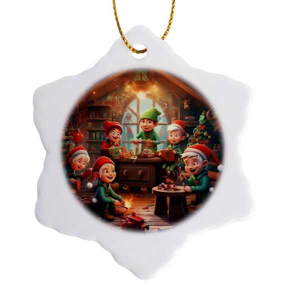 3drose, Illustration of a Group of Elves Working on a Project for Christmas., 3 inch Snowflake Porcelain Ornament